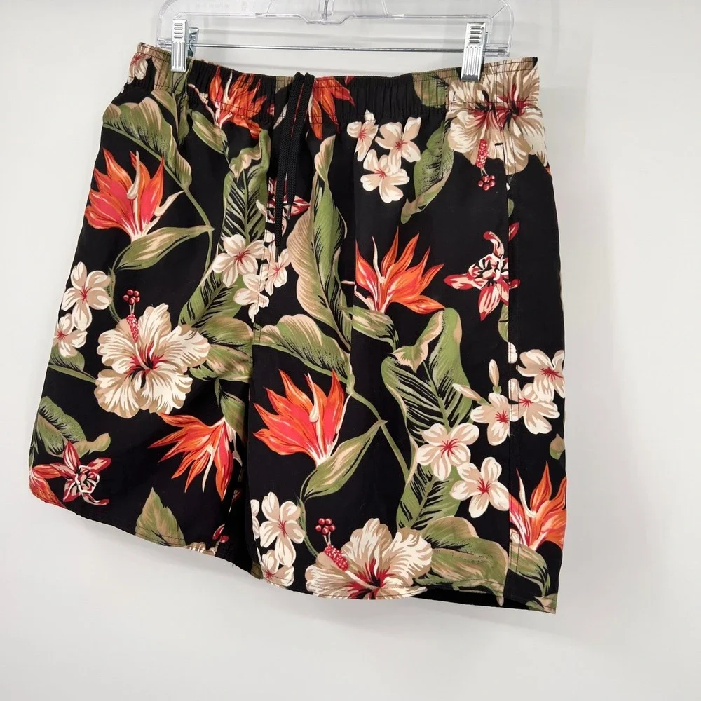 Pussers West Indies Mens Tropical Floral Swim Trunks Black Large 6.5 Inch Inseam